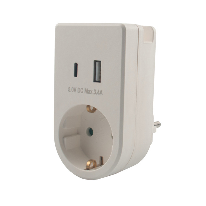 Stikkontaktadapter schuko m/USB & mobilholder